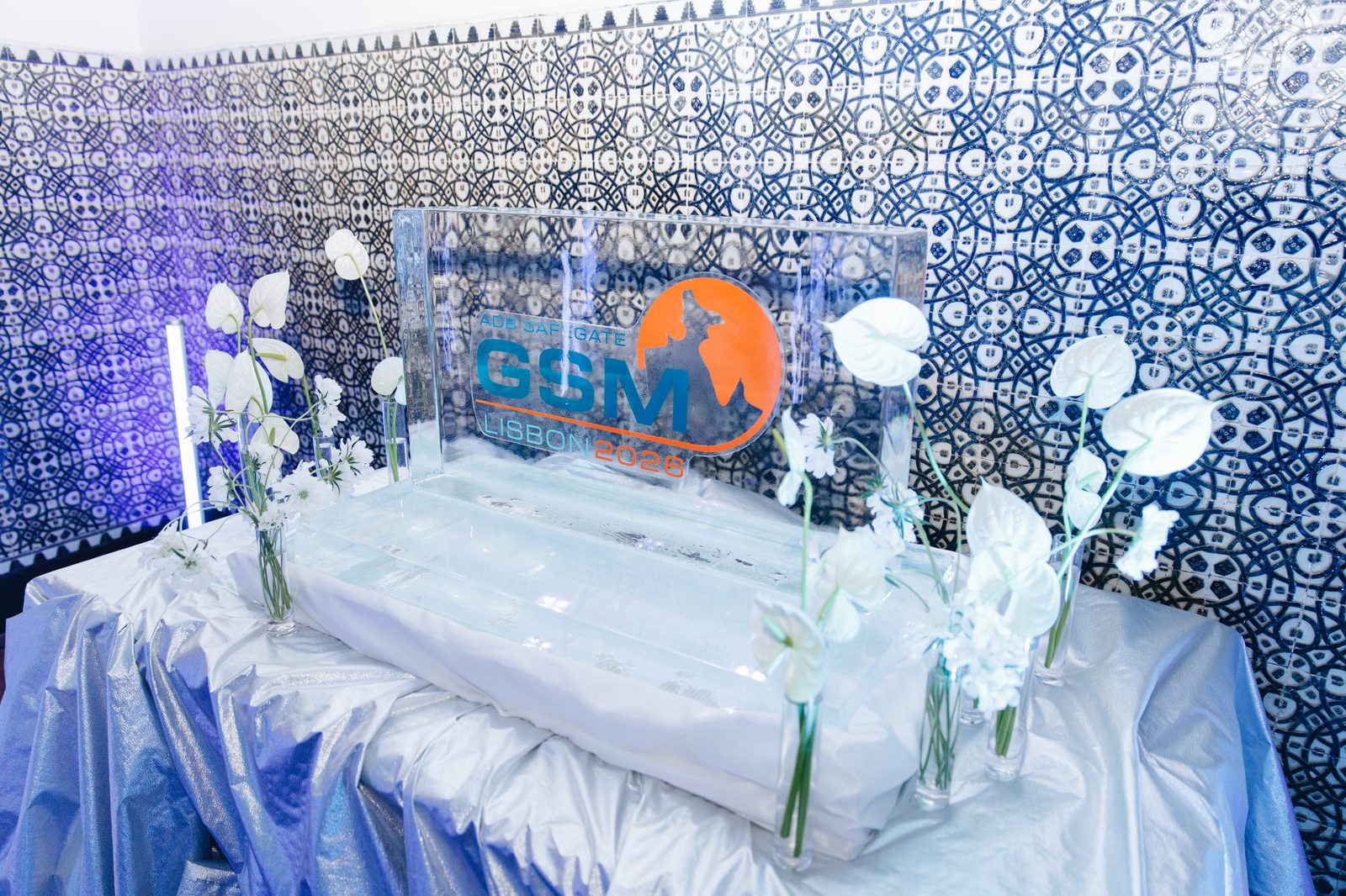 ADB Safegate conference main stage with branded backdrop in Lisbon