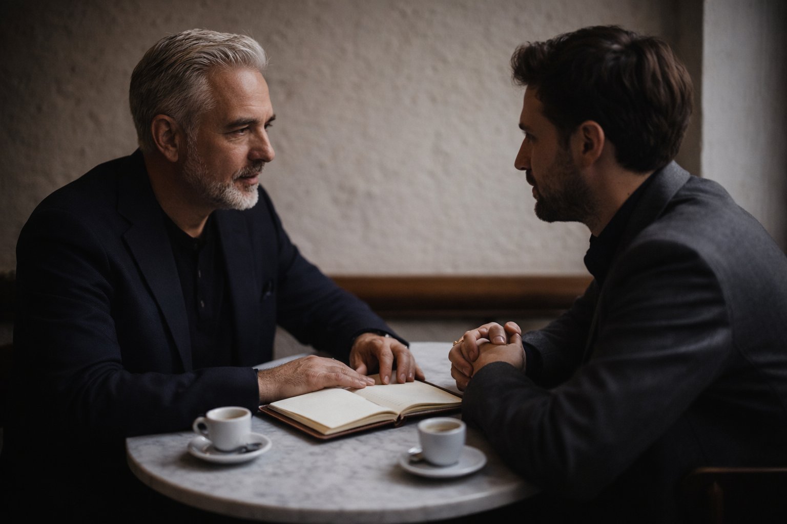 Producer and client discussing event brief at a café in Cascais