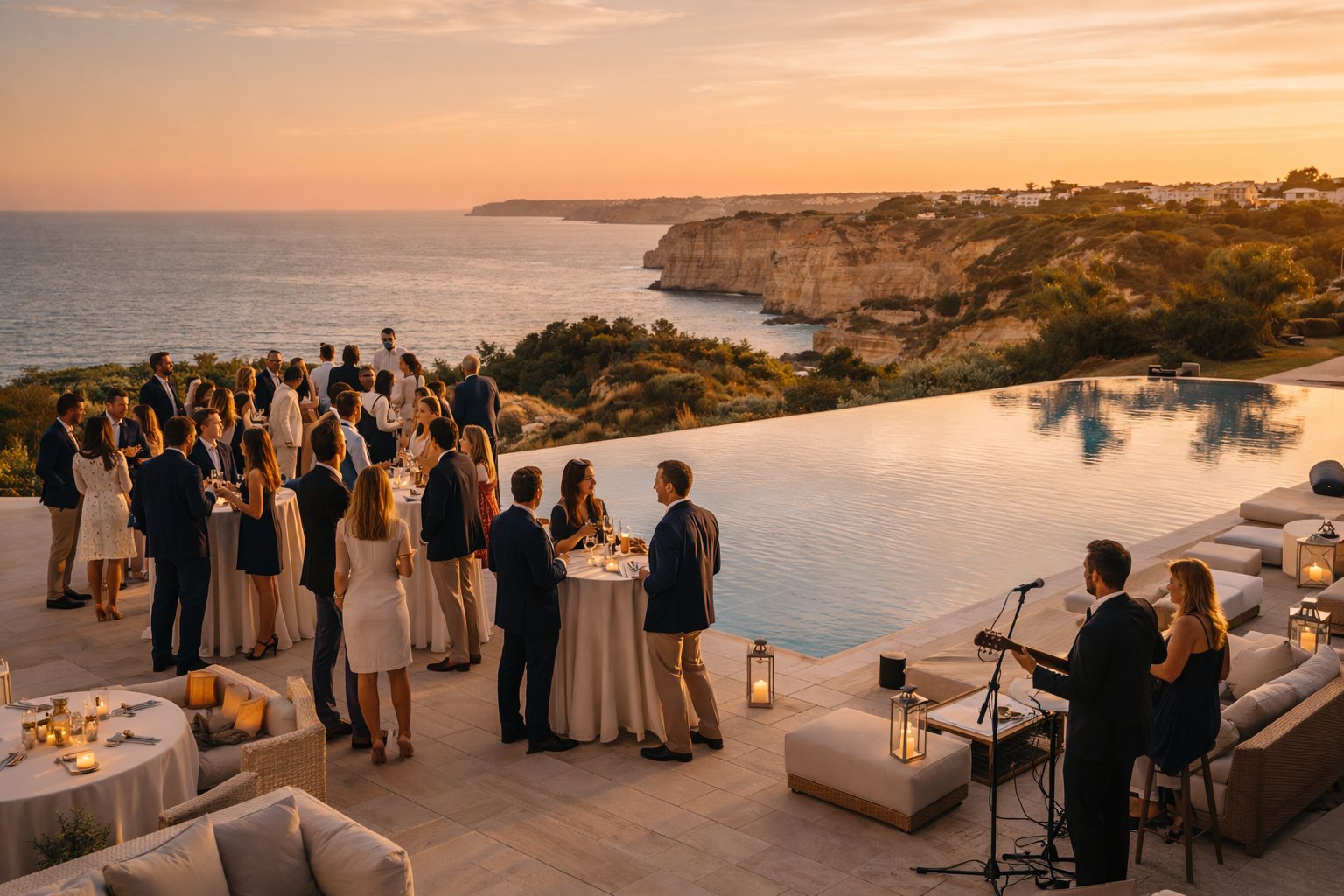 Sunset cocktail reception by infinity pool overlooking Algarve coastline