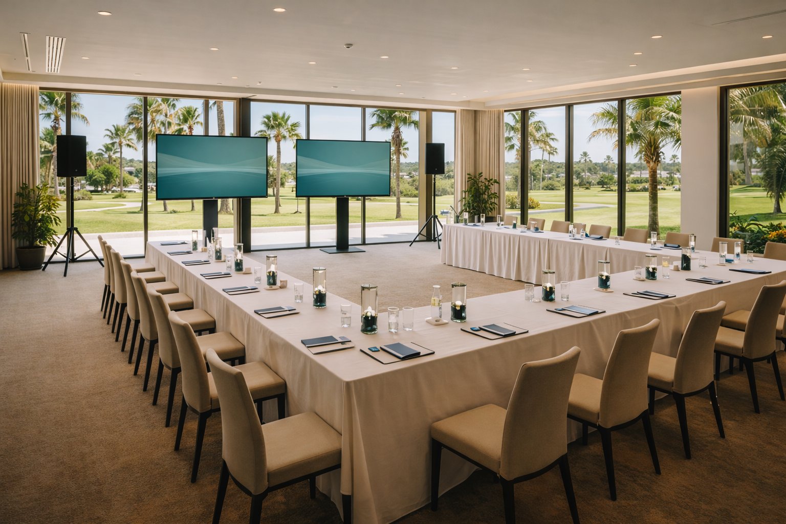 Modern retreat workshop space in Algarve resort with palm tree views