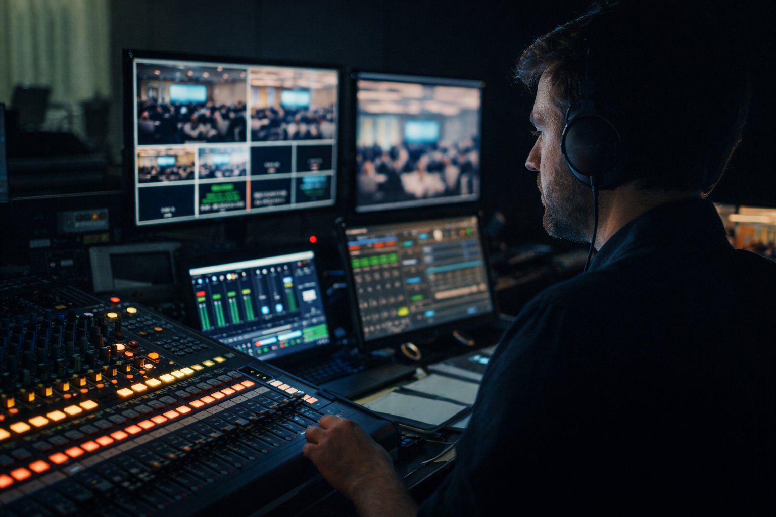 AV technician operating audio-visual console at a conference in Portugal
