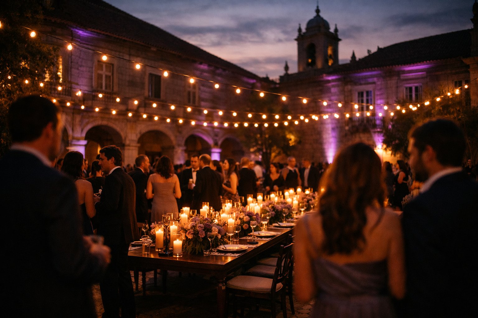 Evening social gathering in historic monastery courtyard with atmospheric lighting
