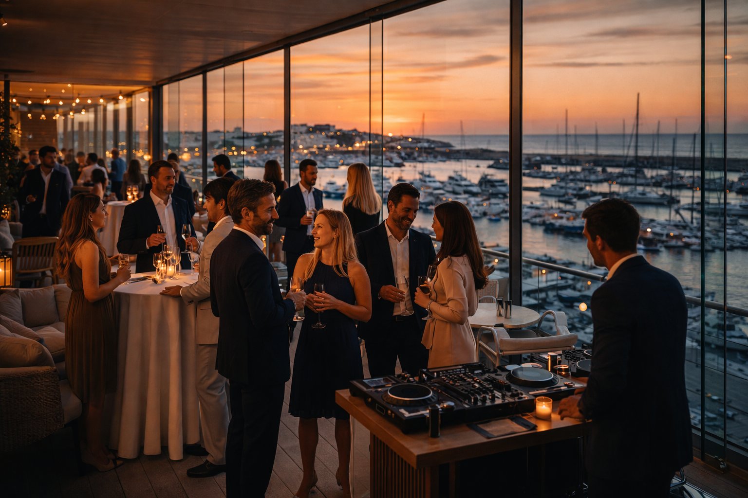 Cocktail reception in glass venue overlooking Cascais marina at sunset