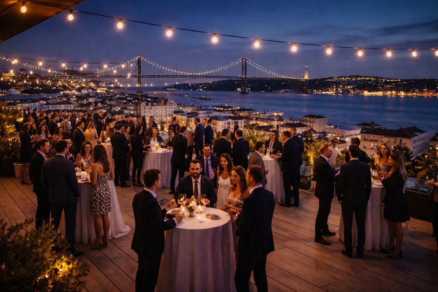 Lisbon rooftop event with 25 de Abril bridge at night