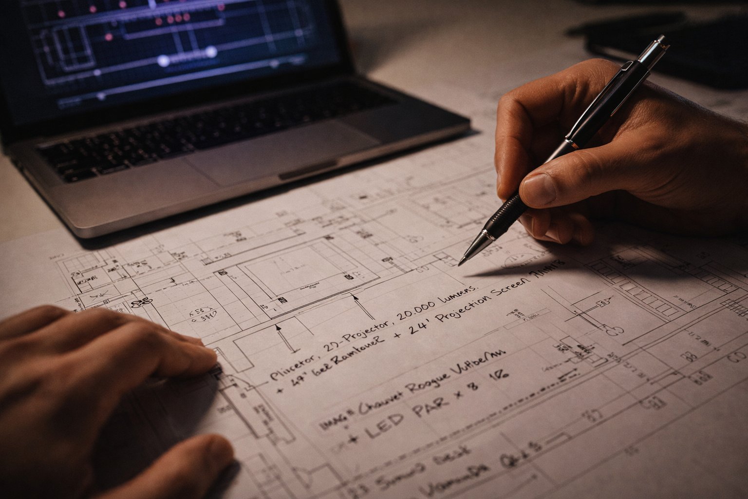 Detailed event floor plan with AV specifications being annotated