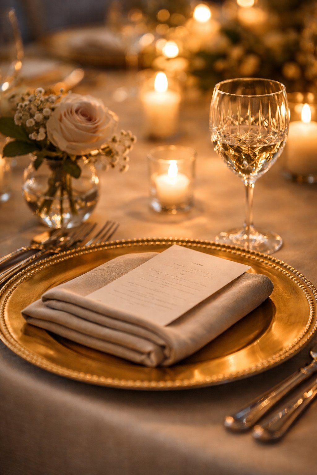 Detailed gala dinner table setting with elegant centerpieces