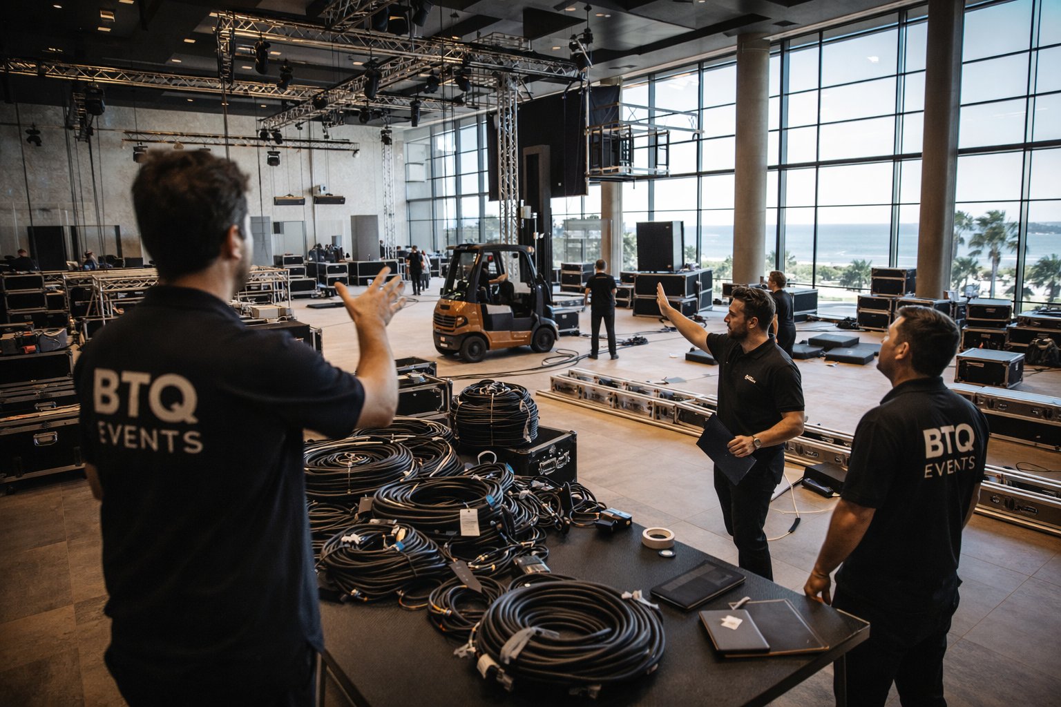 Event space mid-build with staging and LED screens being assembled