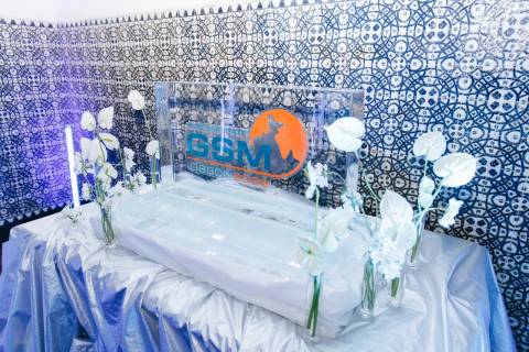Sparkler-lit ice sculpture moment at a corporate gala dinner