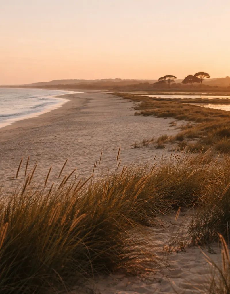 Comporta's white-sand Atlantic beach with rice paddies behind