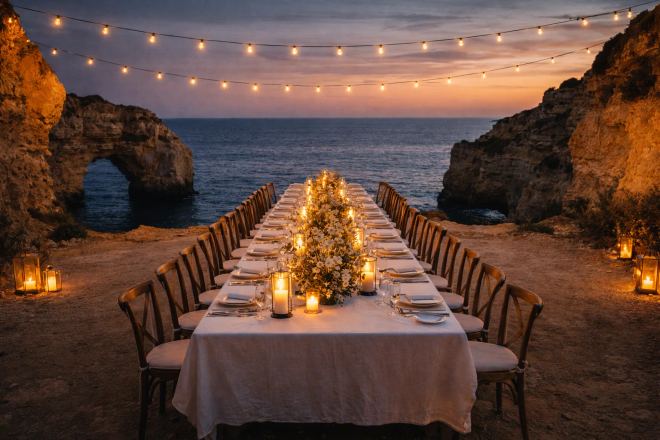 BTQ long-table dinner set on an Algarve clifftop at dusk