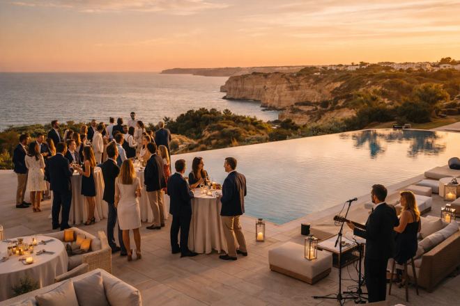 Sunset cocktail reception on the Algarve coast, produced by BTQ