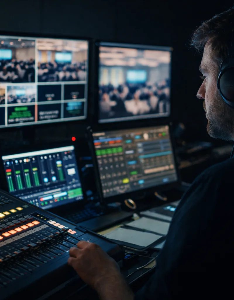 AV technician operating mixing console at conference production in Portugal