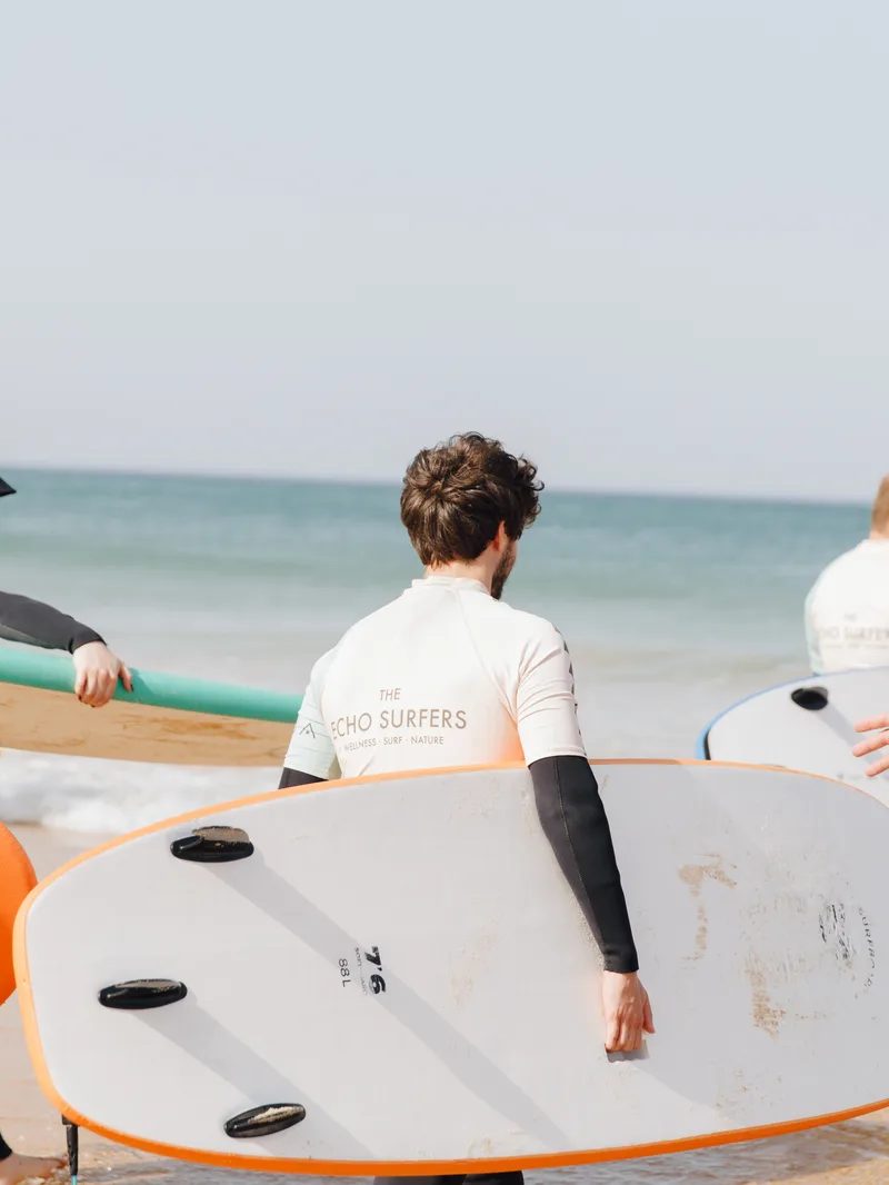 Corporate team building surfing activity on Portuguese beach