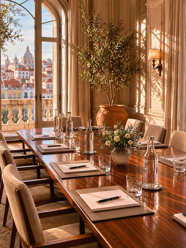 Boardroom meeting set-up in a heritage Lisbon venue with city views — BTQ Events corporate sales kick-off and conference production