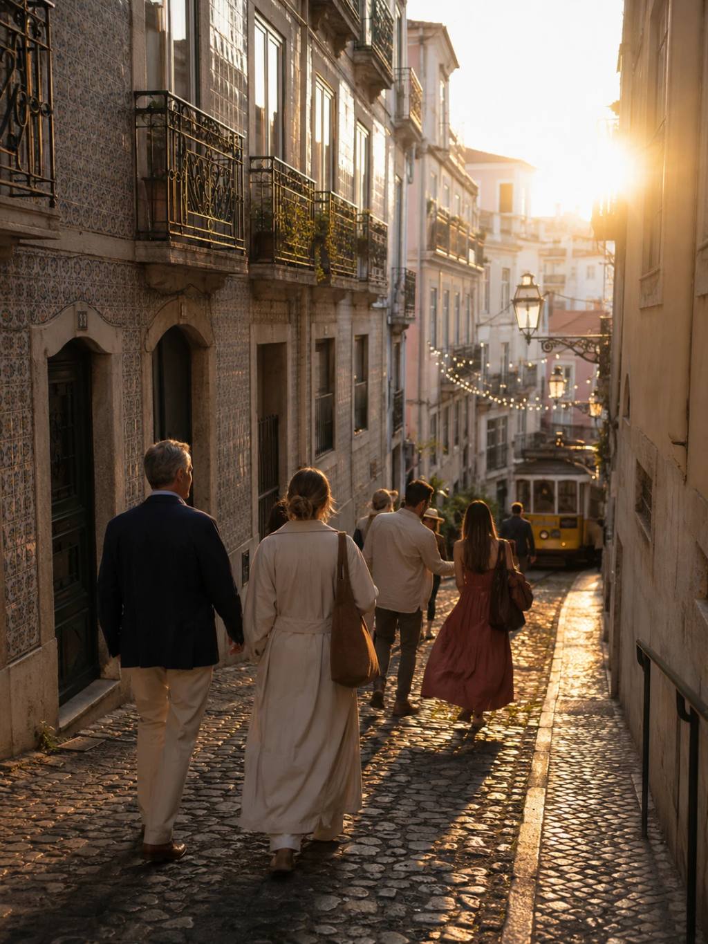 Small private group on a guided walking tour through the cobblestone streets of Alfama at golden hour, Tram 28 ahead — Day 1 of a BTQ Events corporate incentive trip in Lisbon