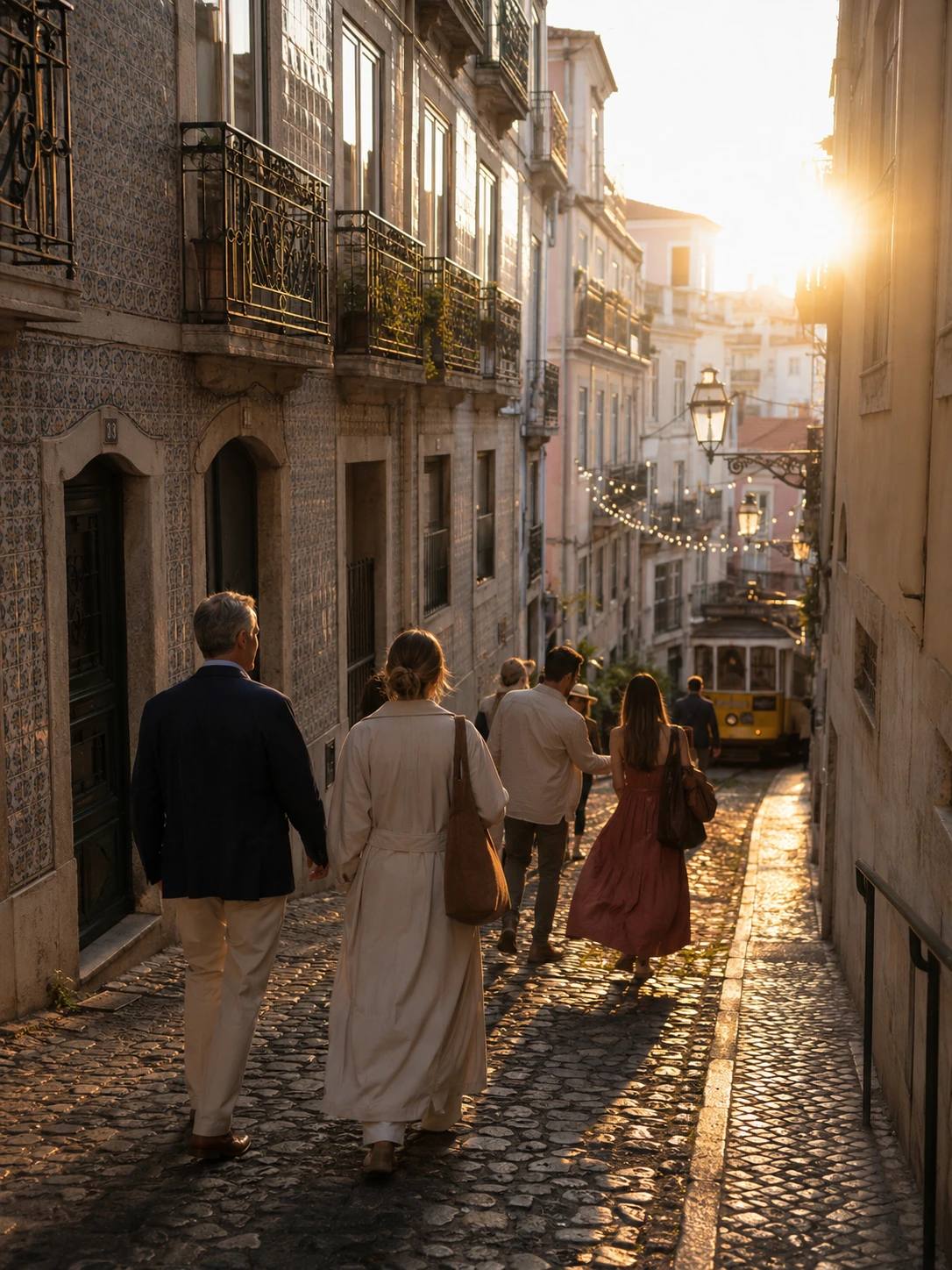 Small private group on a guided walking tour through the cobblestone streets of Alfama at golden hour, Tram 28 ahead — Day 1 of a BTQ Events corporate incentive trip in Lisbon
