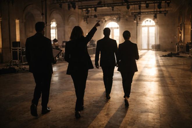 BTQ production team conducting a technical walkthrough inside a Sintra palace