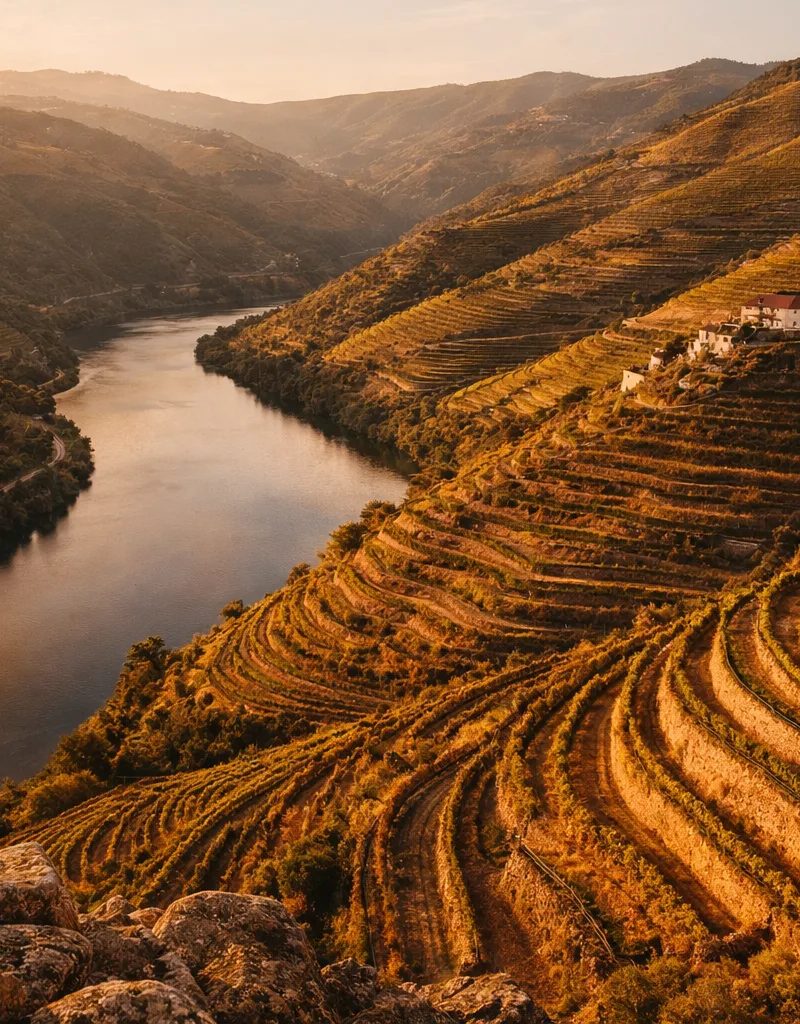 Douro Valley wine terraces at golden hour