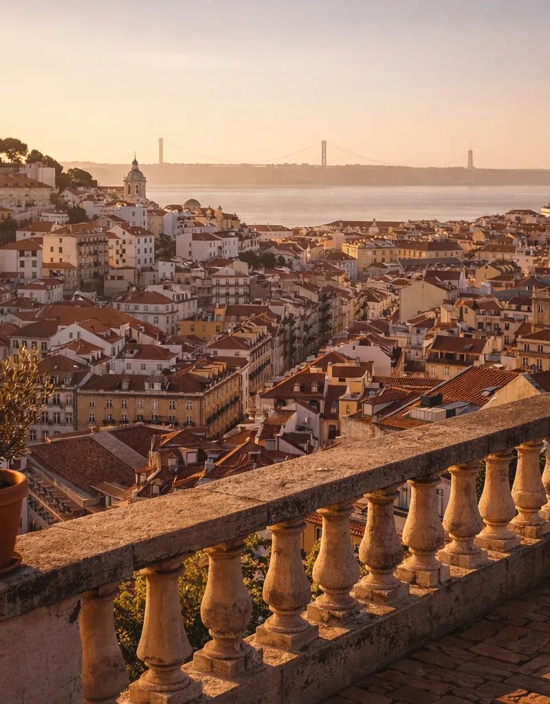 Panoramic view of Lisbon at golden hour across the Tagus river