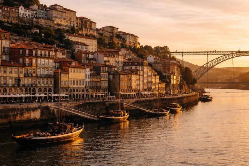 Porto Ribeira waterfront at golden hour