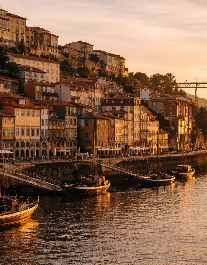 Porto Ribeira waterfront at golden hour