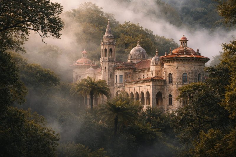 Palace in misty forest in Sintra