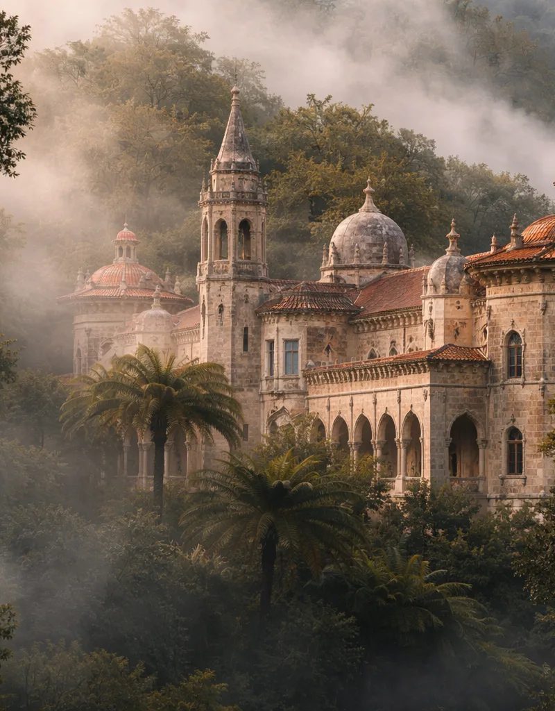 Palace in misty forest in Sintra UNESCO World Heritage zone