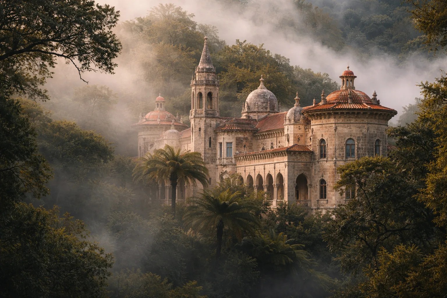Sintra palace rising above the misty forest hills