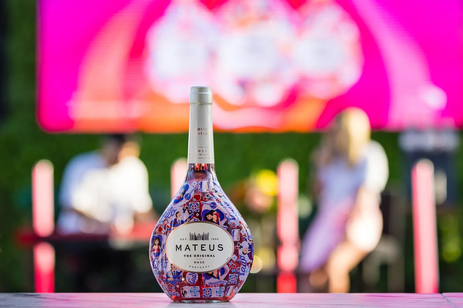 Mateus 80 Anos brand-anniversary activation in Portugal — immersive rosé-pink and neon environment produced by BTQ Events