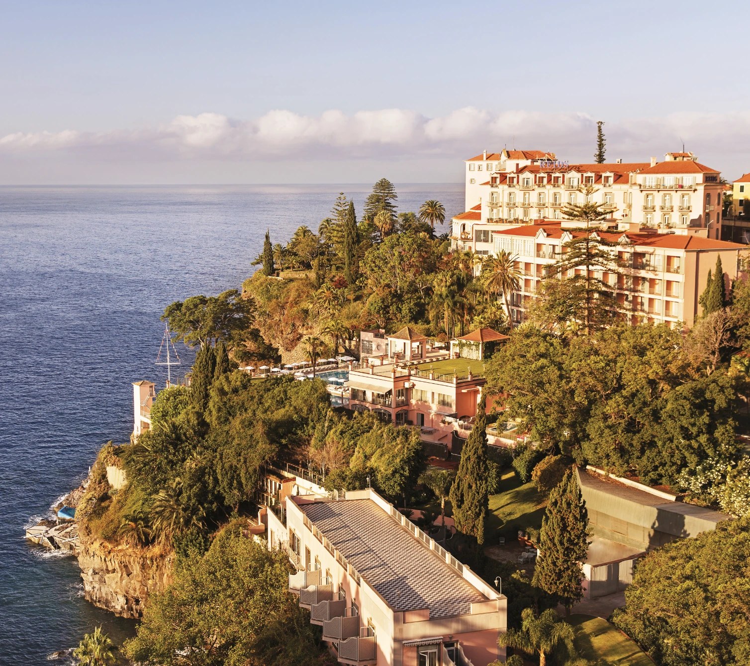 Aerial view of Belmond Reid's Palace on the clifftop above Funchal, Madeira