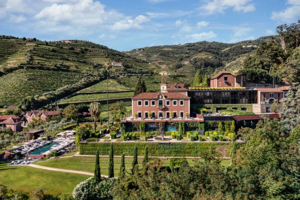 Six Senses Douro Valley aerial view · UNESCO-listed terraced vineyards above the Douro River