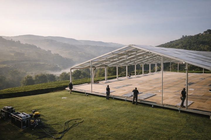 BTQ production team raising a marquee structure on a Portuguese estate at first light