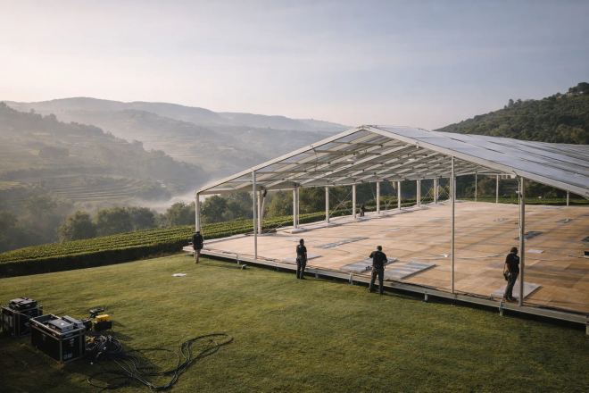 BTQ production team building a marquee structure on open estate land in Portugal