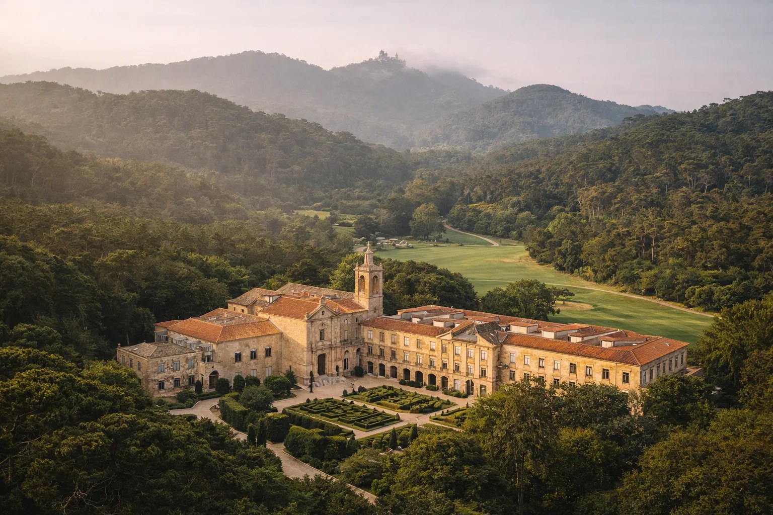 Penha Longa Resort — 14th-century monastery and palace estate in the Sintra hills, aerial view